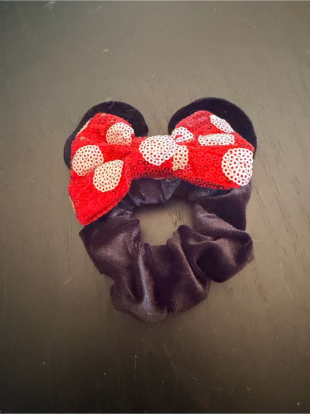 Kids Sequin Bow Minnie-Style Hair Scrunchie - Red Bow, Black Scrunchie